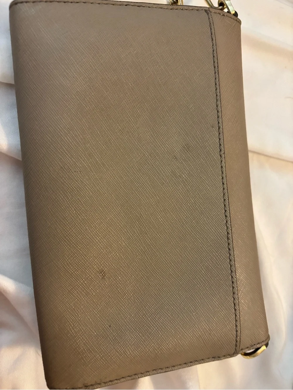 Tory Burch Taupe Saffiano Leather Wallet Crossbody with Gold Logo